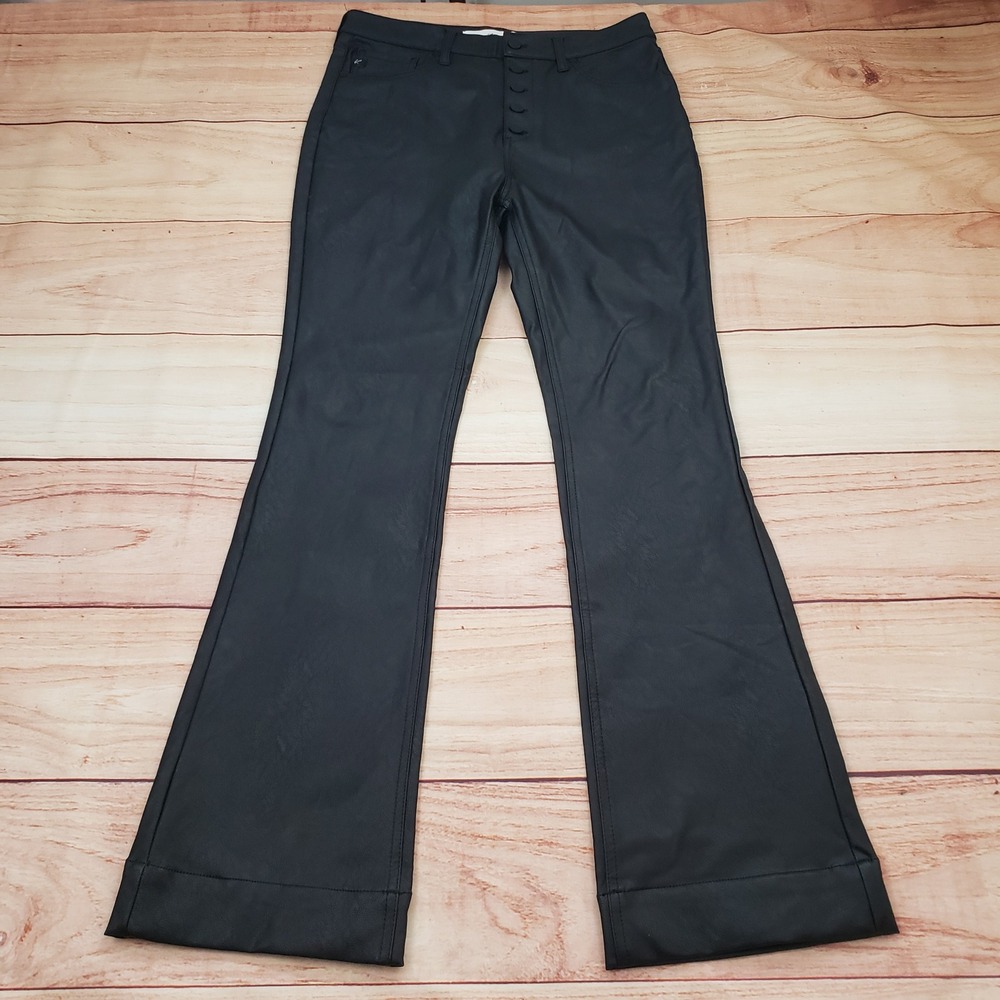 KanCan Pants‎ Women 11/29 Black Faux Leather Flare Pants Button Fly High Rise